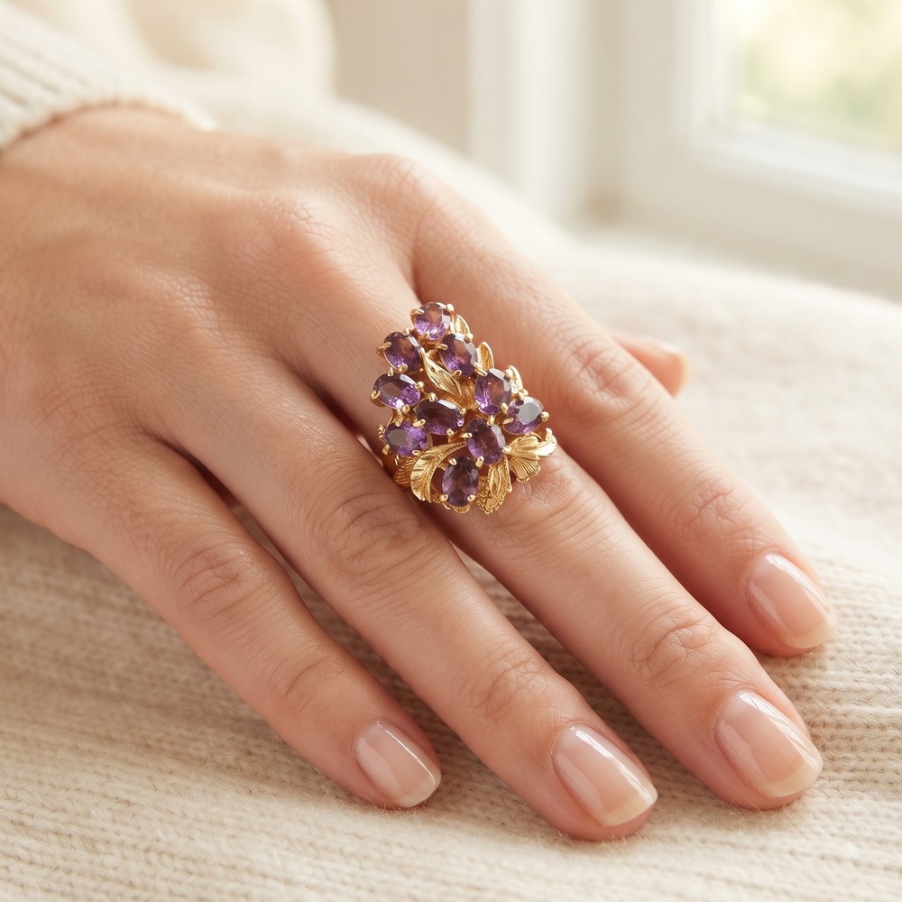 Vintage Gold Tone Purple Amethyst Cluster Cocktail Ring Floral Statement 6.25